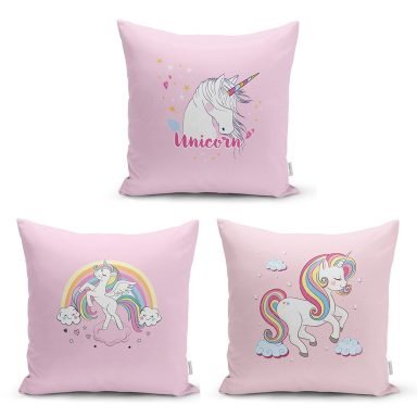 Pembe Zemin Üzerinde Unicorn Tasarımlı 3'Lü Kırlent Kılıf Seti