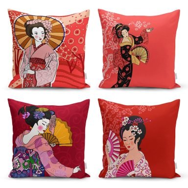 Kırmız Japon Kızlar Tasarımlı 4'Lü Dekoratif Kırlent Kılıf Seti