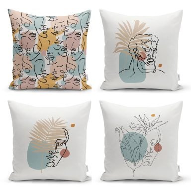 Antik Yunan Tanrısı Ve Portre Motifli Özel Tasarım Dijital Baskılı Modern 4'lü Yastık Kırlent Kılıf Seti