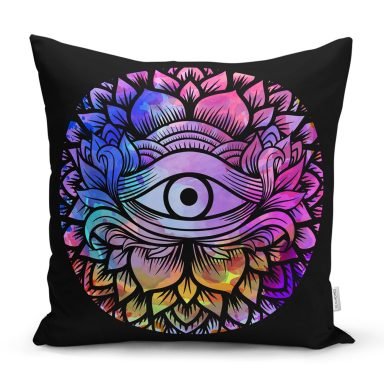 RealHomes Siyah Zeminde Renkli Üçüncü Göz Motifli Kırlent Kılıfı