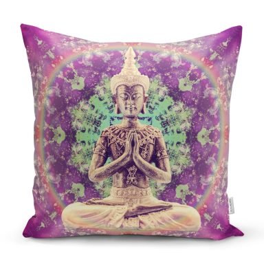 Beyaz Zeminde Renkli Uzak Doğu Denge İkonlu Dijital Baskılı Dekoratif Yastık Kırlent Kılıfı