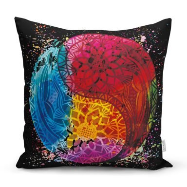 Siyah Zeminde Renkli Uzak Doğu Denge İkonlu Dijital Baskılı Dekoratif Yastık Kırlent Kılıfı