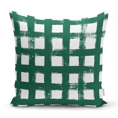 Koyu Yeşil Geometrik Kare Motifli Dekoratif Yastık Kılıfı