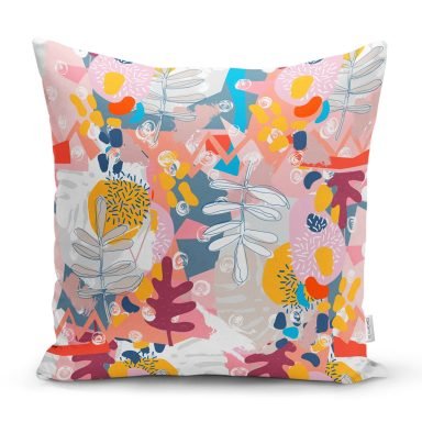 Geometrik Soyut Desenli Rengarenk Yaprak Motifli Kırlent Kılıfı