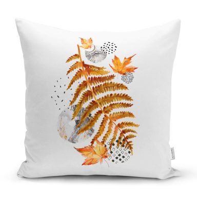 Beyaz Mermer Zemin Üzerinde Sonbahar Kurumuş Yaprak Desenli Kırlent Kılıfı