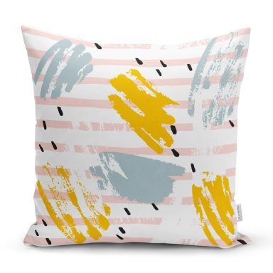 Beyaz Zeminde Sulu Boya Pembe Yan Çizgi Motifli Kırlent Kılıfı