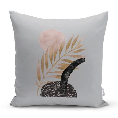 Gri Zeminde Gold Yaprak Motifli Dekoratif Kırlent Kılıfı