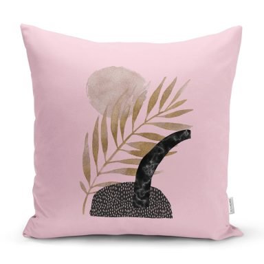 Pembe Zemin Üzerinde Gold Yaprak Motifli Dekoratif Yastık Kılıfı
