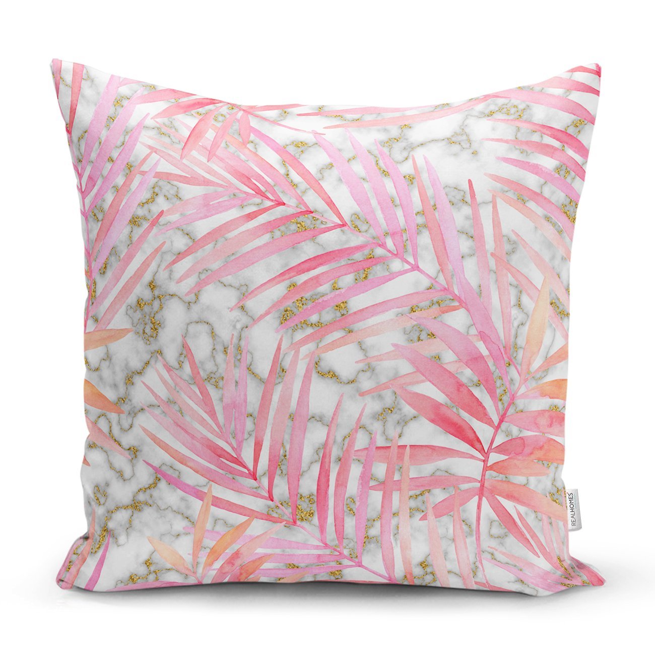 Rh-K5311-Mermer-Zemin-Üzerinde-Gold-Aytıntı-Temalı-Pembe-Tropik-Yaprak-Desenli-Kırlent-Kılıfı