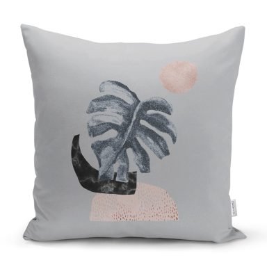Gri Zemin Üzerinde Tropik Yaprak Desen Baskılı Yastık Kılıfı