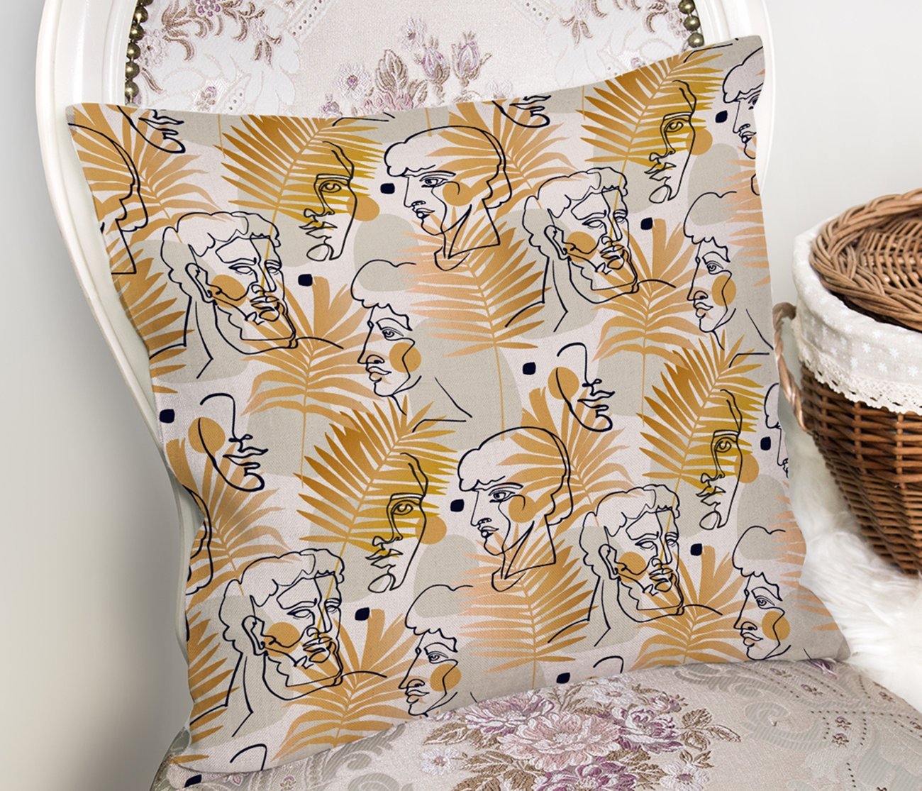 Rh-K5347-Tropik-Gold-Yapraklar-Üzerinde-Antik-Yunan-Tanrısı-Desenli-Kırlent-Kılıfı-1