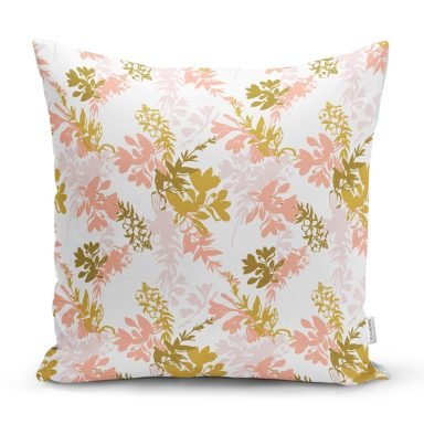 Pembe Ve Gold İnce Yaprak Tasarımlı Dijital Baskılı Kırlent Kılıfı