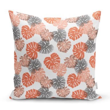 Beyaz Zemin Üzerinde Pembe Noktalı Tropik Yaprak Desenli Kırlent Kılıfı