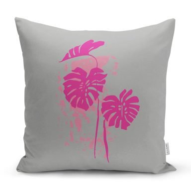 Fuşya Palmiye Yaprak Baskılı Dekoratif Kırlent Kılıfı