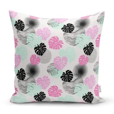 Beyaz Zeminde Renkli Trorik Yapraklar Kırlent Kılıfı