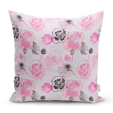 Gri Zeminde Pembe Gül Motifli Dekoratif Kırlent Kılıfı