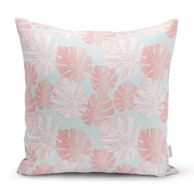 Renkli Zemin Üzerinde Tropikal Pembe Beyaz Yaprak Desenli Kırlent Kılıfı