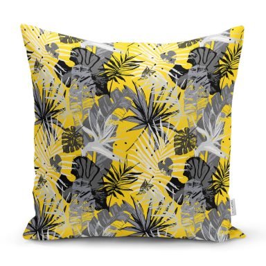 Sarı Zemin Üzerinde Beyaz Ve Gri Yaprak Motifli Kırlent Kılıfı