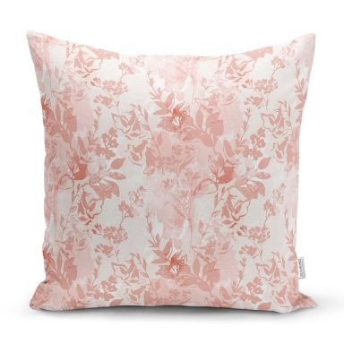 Toz Pembe Çiçek ve Yaprak Tasarım Dijital Baskılı Kırlent Kılıfı