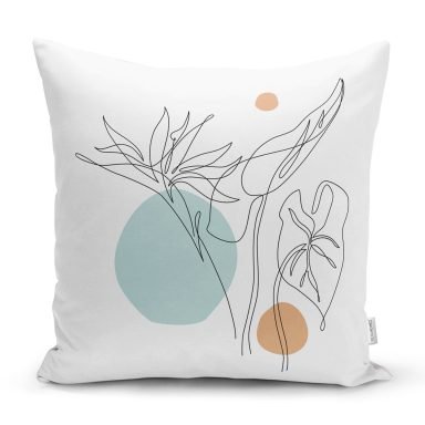 Beyaz Zemin Üzerinde Çizim Çiçek Tasarımlı Kırlent Kılıfı