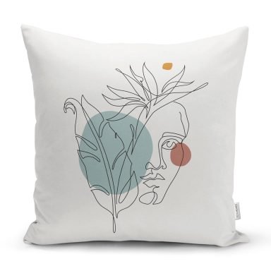 Portre Çizim Üzerinde Yaprak Desenli Dekoratif Kırlent Kılıfı