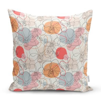 Kırmızı Ve Turuncu Puantiyeli Zeminde Karakalem Çiçek Motifli Kırlent Kılıfı