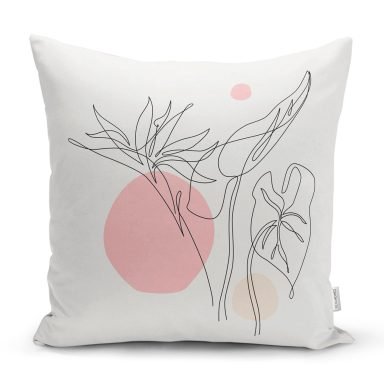 Gri Zemin Üzerinde Karakalem Çiçek Çizimli Modern Kırlent Kılıfı