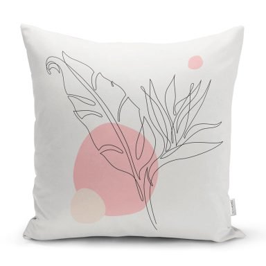 Gri Zemin Üzerinde Karakalem Yaprak Çizimli Modern Kırlent Kılıfı