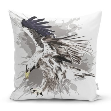 Beyaz Zemin Üzerinde Kartal JK Motifli Kırlent Kılıfı