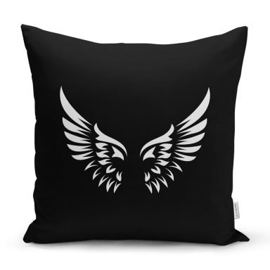 Siyah Zemin İçinde Görünen Beyaz Kanatlar Dekoratif Kırlent Kılıfı