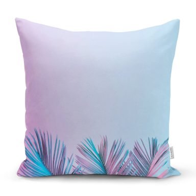 Toz Mavisi Zeminli Tropik Yapraklı Özel Tasarım Dijital Baskılı Modern Dekoratif Kırlent Kılıfı