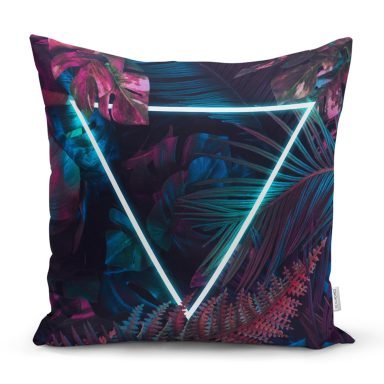 Tropik Yapraklar Üzerinde Neon Üçgen Motifli Kırlent Kılıfı