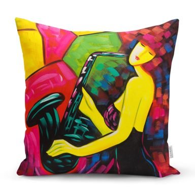 Soyut Çizim Saksafon Temalı Dijital Baskılı Kırlent Kılıfı