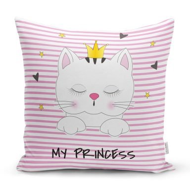 My Princess Pembe Çizgiler Üzerinde Taçlı Kedicik Yastık Kılıfı