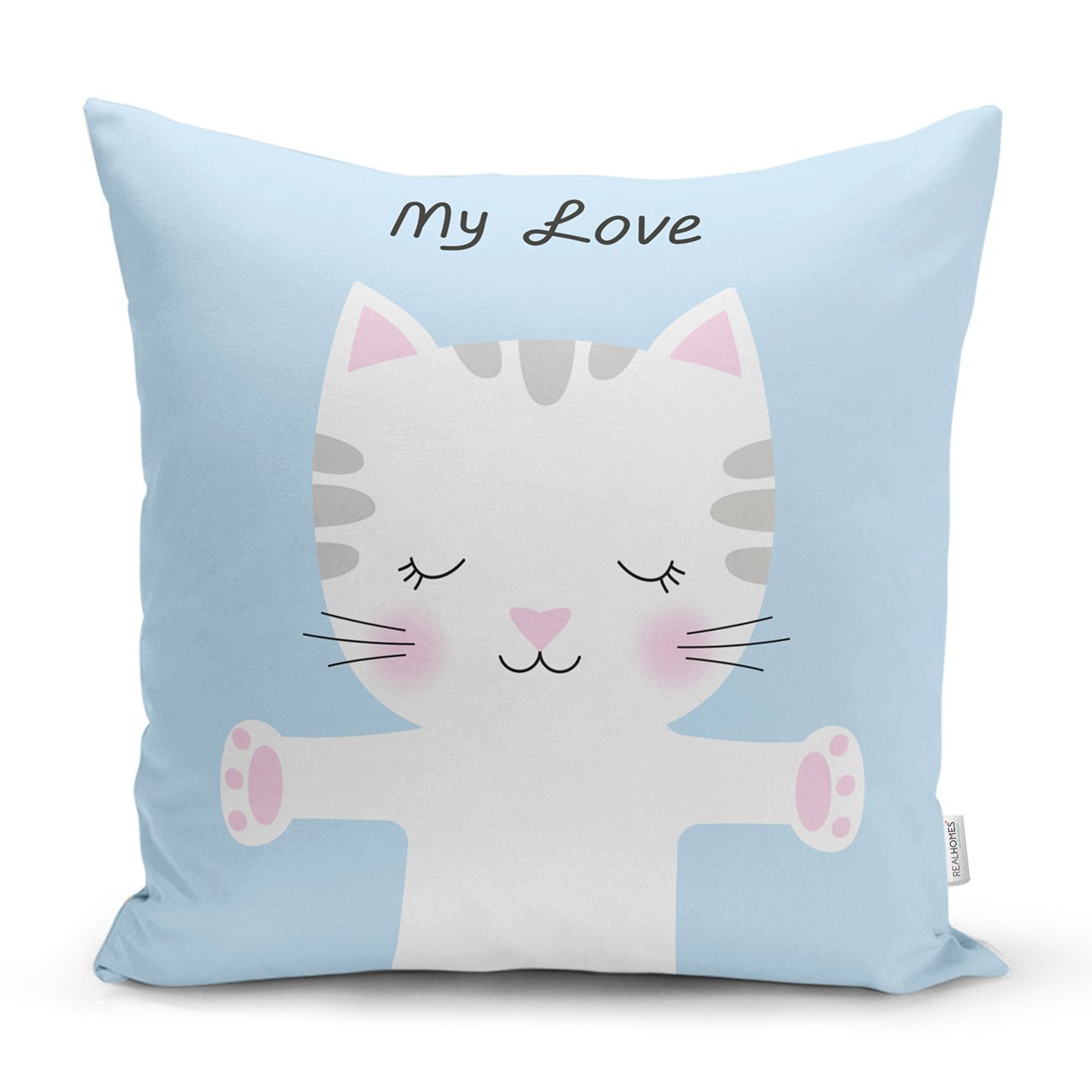 Rh-K5692-Mavi-Zeminde-My-Love-Yazılı-Sevimli-Kedicik-Desenli-Dekoratif-Kırlent-Kılıfı