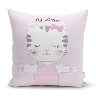 Açık Mine Renkli My Love Yazılı Sevimli Kedicik Motifli Modern Yastık Kılıfı