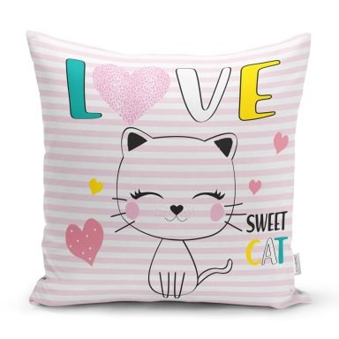 Pembe Çizgili Zeminde Sweet Cat Tasarımlı Yastık Kılıfı