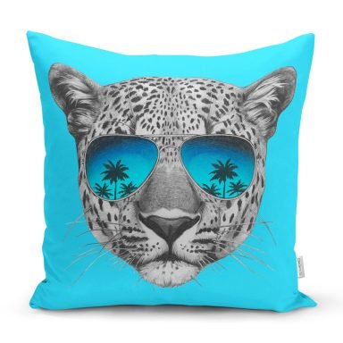 Mavi Zeminli Gözlüklü Cool Leopar Desenli Modern Yastık Kılıfı
