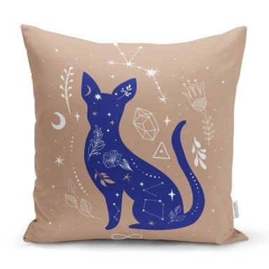 Haki Zeminli Mavi Kedi Desenli Özel Tasarım Yastık Kılıfı