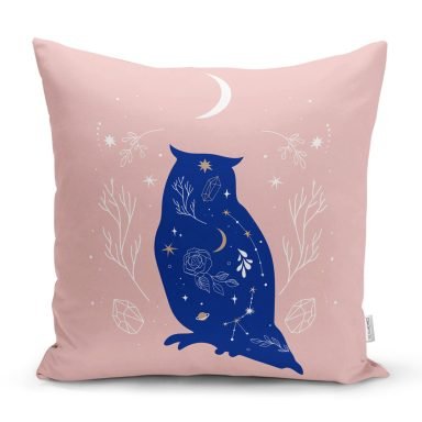 Bej Pembe Zeminde Mavi Baykuş Motifli Dekoratif Kırlent Kılıfı