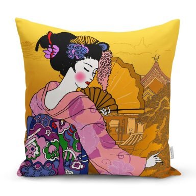 Turuncu Zeminci Modern Japon Women Tasarımlı Dijital Baskılı Kırlent Kılıfı