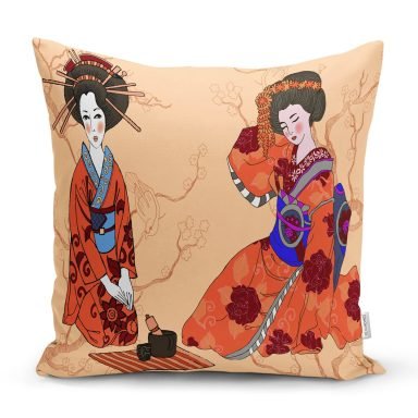 Uzak Doğu Kültürlü Japon Kadın Dijital Baskılı Dekoratif Kırlent Kılıfı