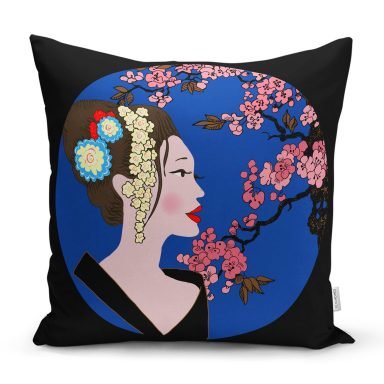 Çiçek Motifli Japon Kız Desenli Dekoratif Yastık Kılıfı