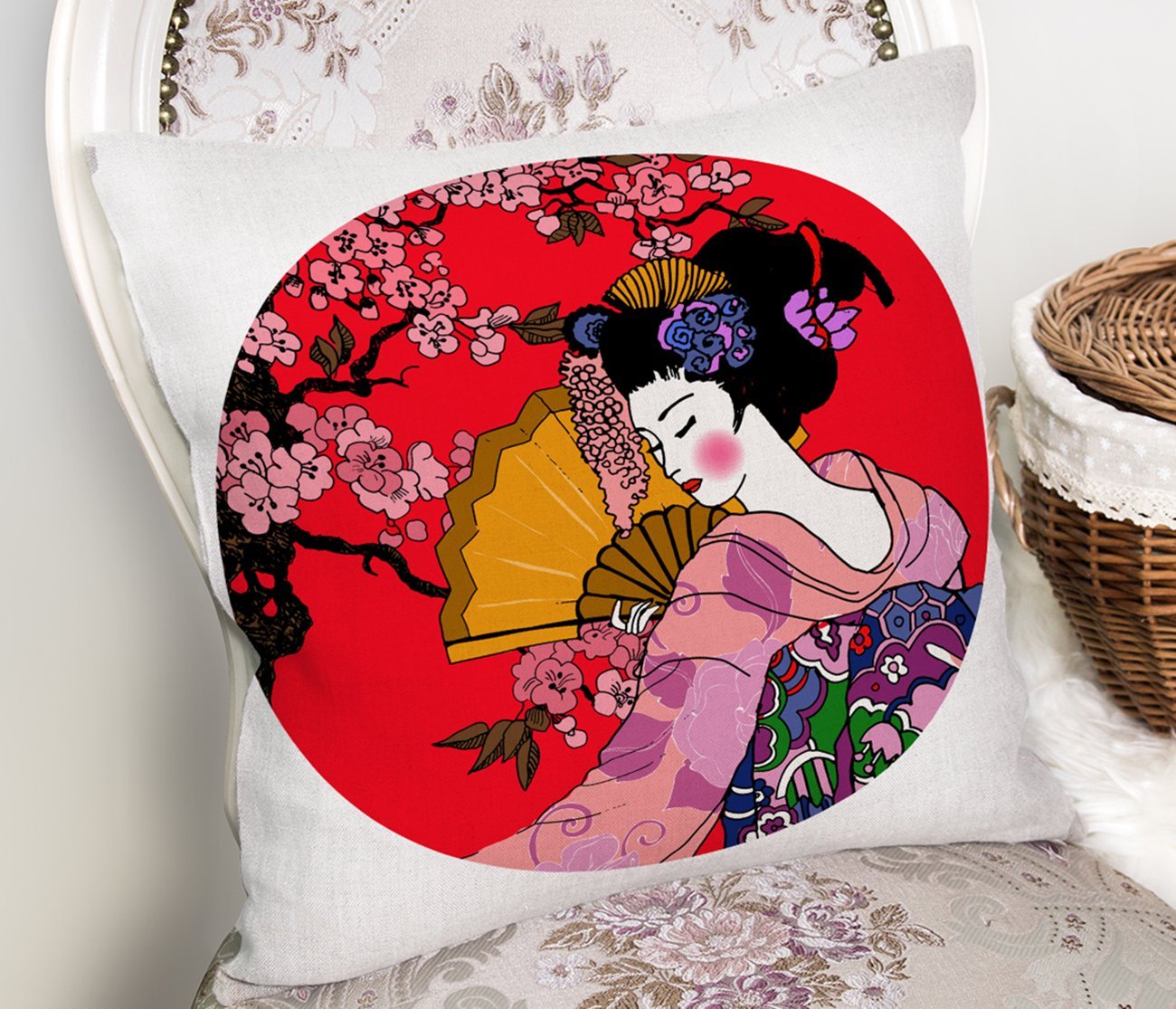 Rh-K5797-Çiçek-Desenli-Yelpazeli-Japon-Kız-Motifli-Modern-Yastık-Kılıfı-1