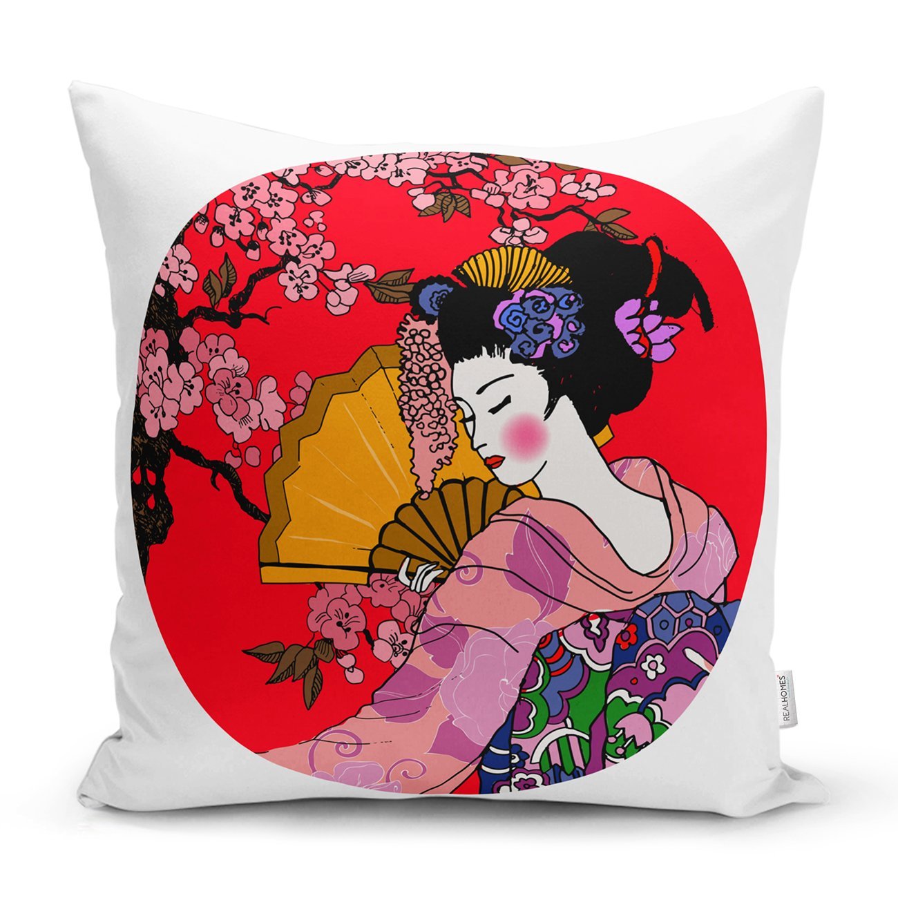 Rh-K5797-Çiçek-Desenli-Yelpazeli-Japon-Kız-Motifli-Modern-Yastık-Kılıfı