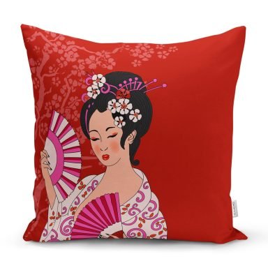 Kırmızı Zeminli Pembe Yelpazeli Japon Kız Dijital Baskılı Dekoratif Yastık Kılıfı