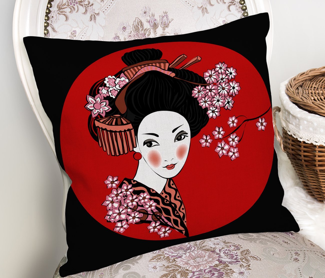 Rh-K5808-Siyah-ve-Kırmızı-Zeminde-Papatya-Tasarımlı-Japon-Kız-Modern-Yastık-Kılıfı-1
