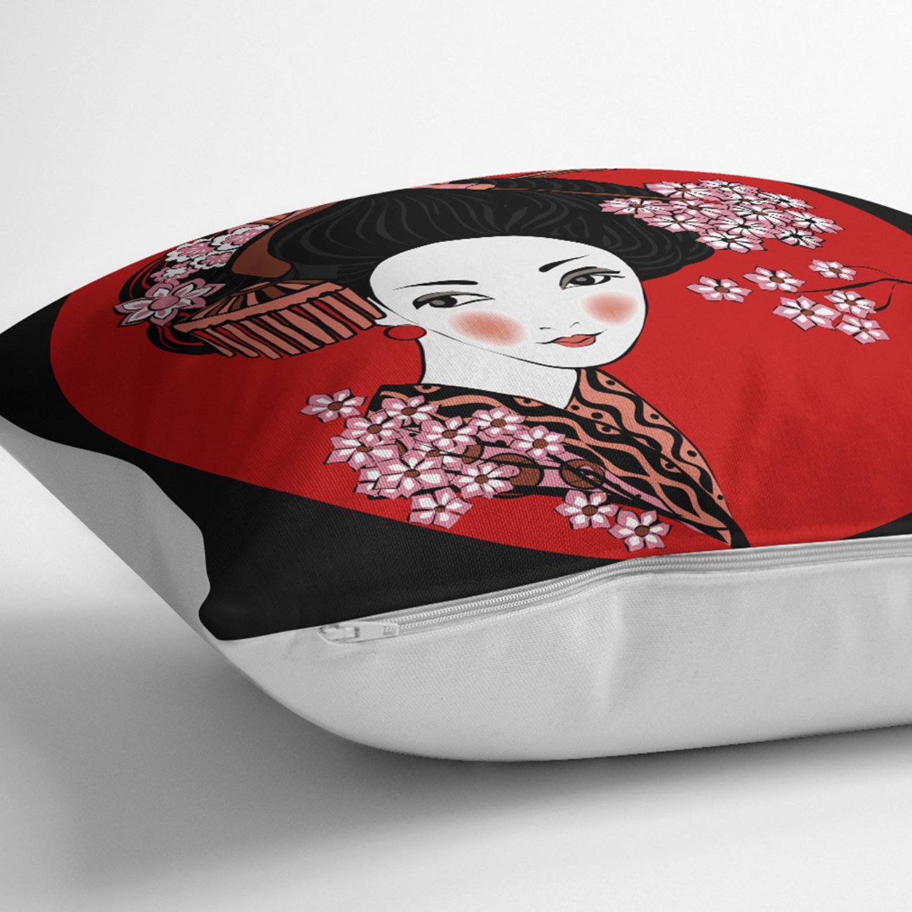 Rh-K5808-Siyah-ve-Kırmızı-Zeminde-Papatya-Tasarımlı-Japon-Kız-Modern-Yastık-Kılıfı-2