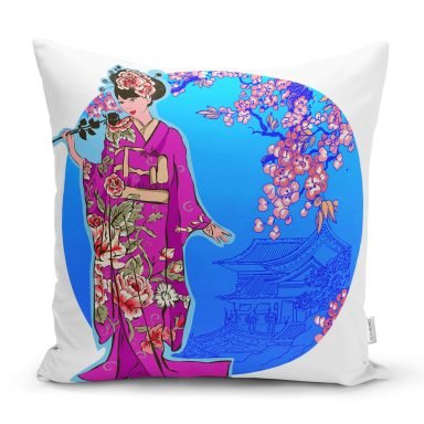 Beyaz ve Mavi Zeminli Çiçekli Japon Kadın Desenli Modern Kırlent Kılıfı