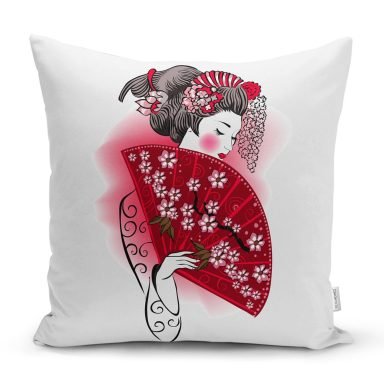 Kırmızı Yelpazeli Şaman Japon Kadın Motifli Kırlent Kılıfı